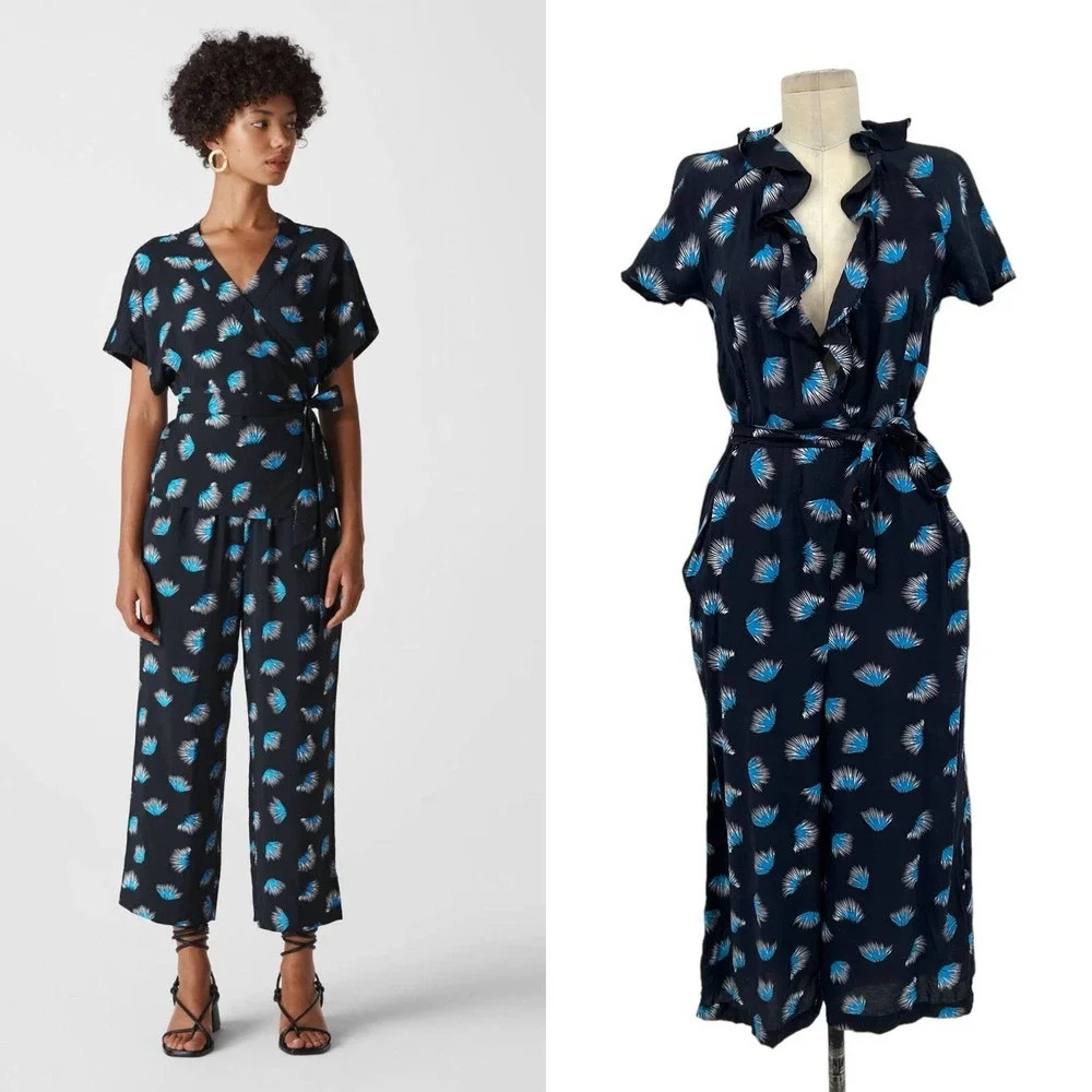 Whistles Coral Print Frill Jumpsuit Black Blue Size Us 4